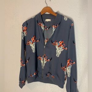 Alter'd state bomber style jacket, floral grey front zip Size Medium